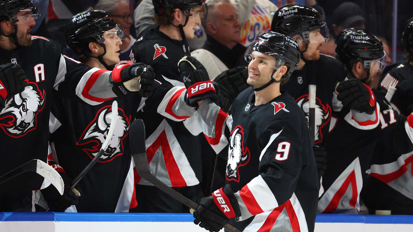 Apr 6, 2026; Buffalo, New York, USA;  Buffalo Sabres center Josh Norris (9) celebrates his goal with teammates during the first period against the Tampa Bay Lightning at KeyBank Center. Mandatory Credit: Timothy T. Ludwig-Imagn Images