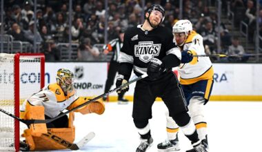Apr 2, 2026; Los Angeles, California, USA; Nashville Predators defenseman Brady Skjei (76) pushes Los Angeles Kings right wing Joel Armia (40) during the second period at Crypto.com Arena. Mandatory Credit: Griffin Hooper-Imagn Images