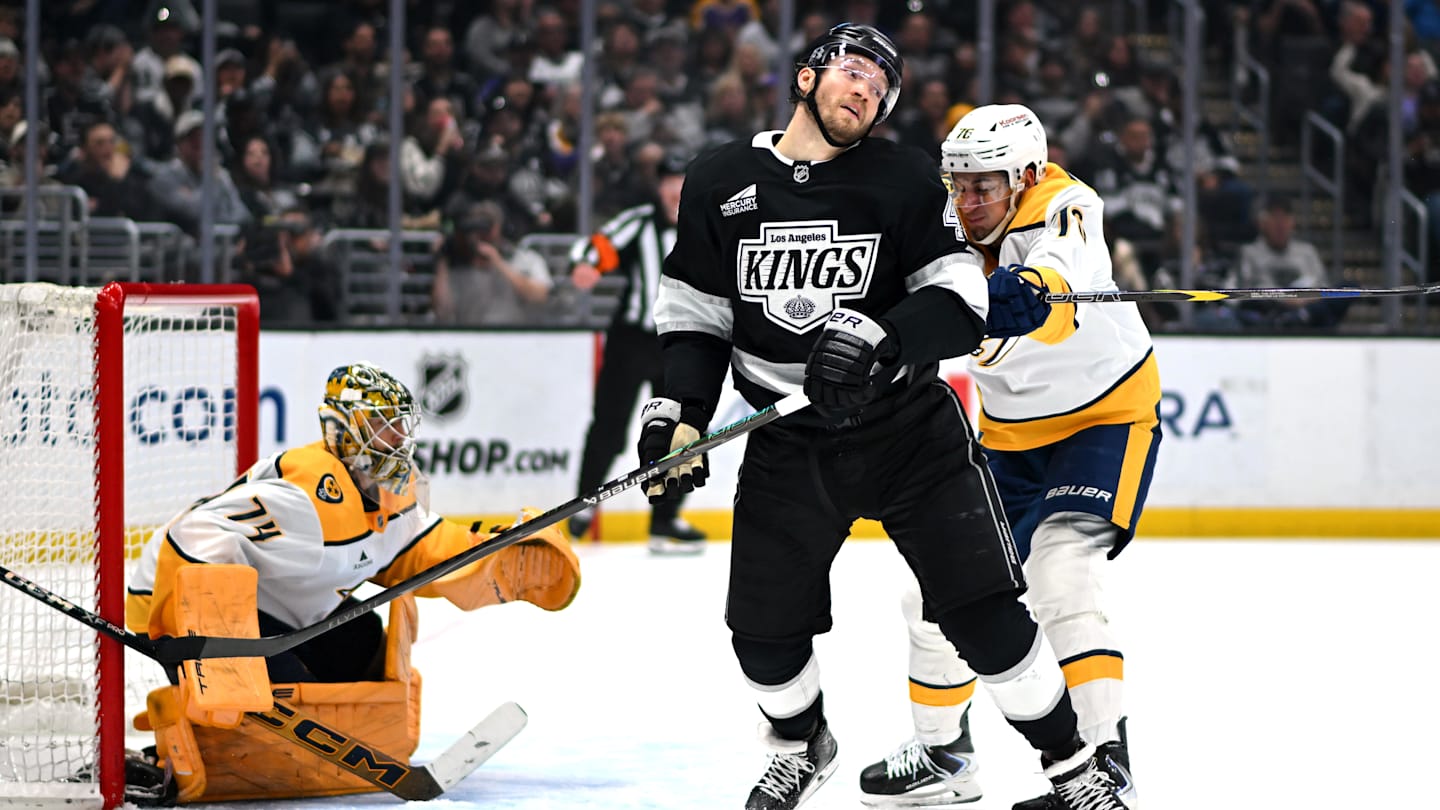 Apr 2, 2026; Los Angeles, California, USA; Nashville Predators defenseman Brady Skjei (76) pushes Los Angeles Kings right wing Joel Armia (40) during the second period at Crypto.com Arena. Mandatory Credit: Griffin Hooper-Imagn Images