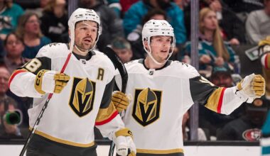 Jan 11, 2026; San Jose, California, USA; Vegas Golden Knights right wing Pavel Dorofeyev (16) reacts with center Tomas Hertl (48) after scoring a goal against the San Jose Sharks during the first period at SAP Center at San Jose. Mandatory Credit: Robert Edwards-Imagn Images