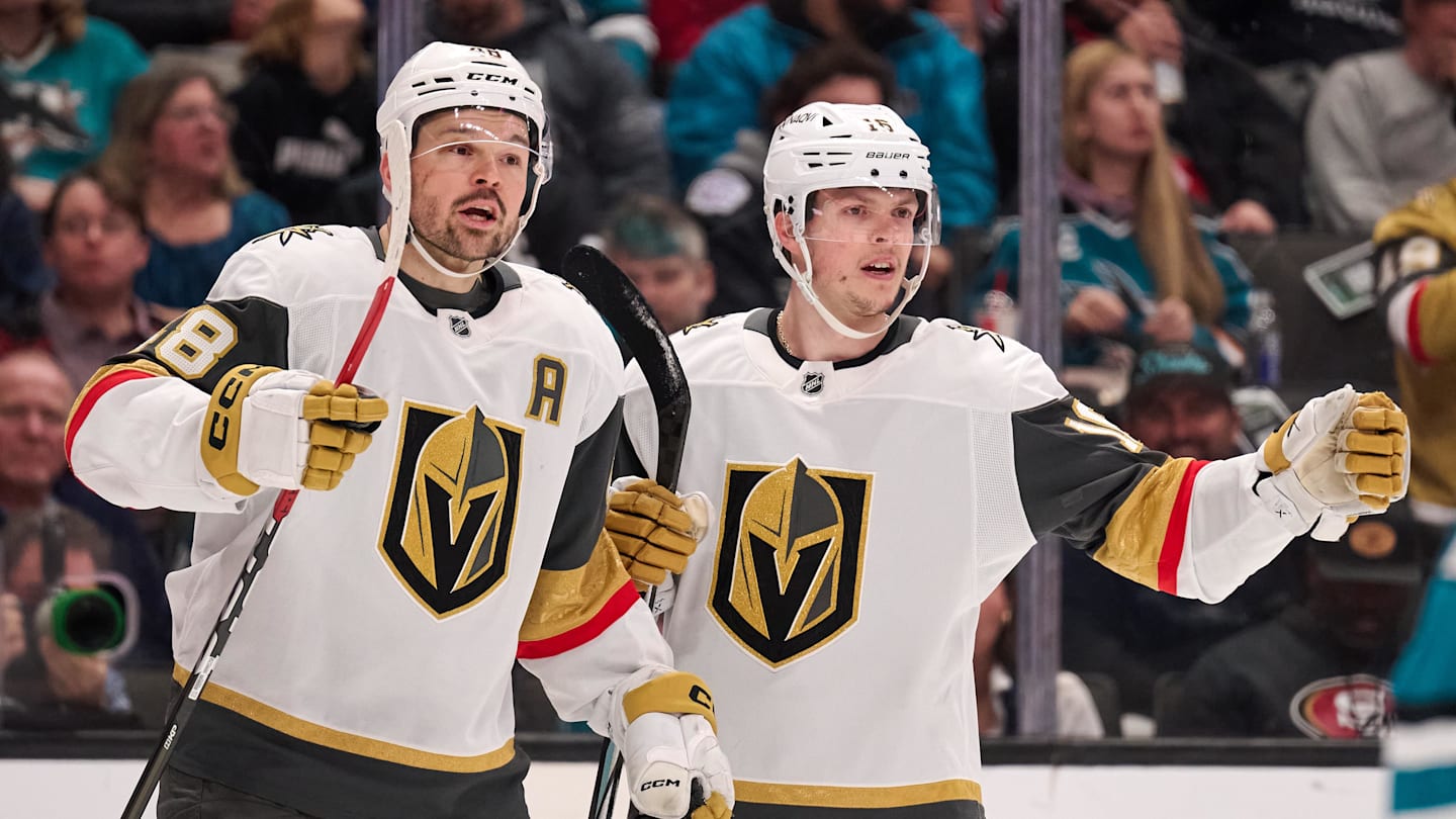 Jan 11, 2026; San Jose, California, USA; Vegas Golden Knights right wing Pavel Dorofeyev (16) reacts with center Tomas Hertl (48) after scoring a goal against the San Jose Sharks during the first period at SAP Center at San Jose. Mandatory Credit: Robert Edwards-Imagn Images