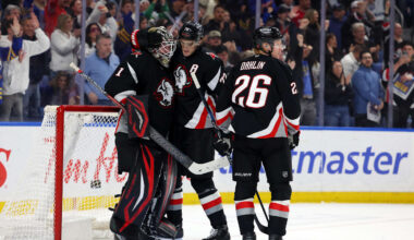 Apr 6, 2026; Buffalo, New York, USA;  Buffalo Sabres goaltender Ukko-Pekka Luukkonen (1), center Tage Thompson (72) and defenseman Rasmus Dahlin (26) celebrate a win over the Tampa Bay Lightning at KeyBank Center. Mandatory Credit: Timothy T. Ludwig-Imagn Images
