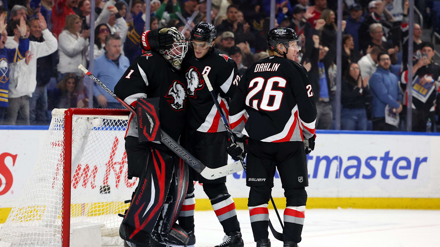 Apr 6, 2026; Buffalo, New York, USA;  Buffalo Sabres goaltender Ukko-Pekka Luukkonen (1), center Tage Thompson (72) and defenseman Rasmus Dahlin (26) celebrate a win over the Tampa Bay Lightning at KeyBank Center. Mandatory Credit: Timothy T. Ludwig-Imagn Images