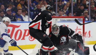 Apr 6, 2026; Buffalo, New York, USA;  Buffalo Sabres goaltender Ukko-Pekka Luukkonen (1) makes a save on Tampa Bay Lightning center Brayden Point (21) during the third period at KeyBank Center. Mandatory Credit: Timothy T. Ludwig-Imagn Images