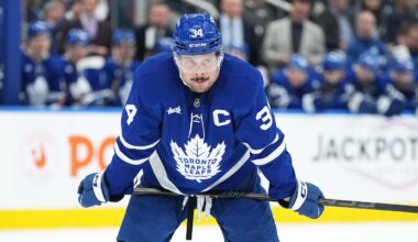 Oct 19, 2024; Toronto, Ontario, CAN; Toronto Maple Leafs center Auston Matthews (34) waits for the faceoff against the New York Rangers during the third period at Scotiabank Arena. Mandatory Credit: Nick Turchiaro-Imagn Images