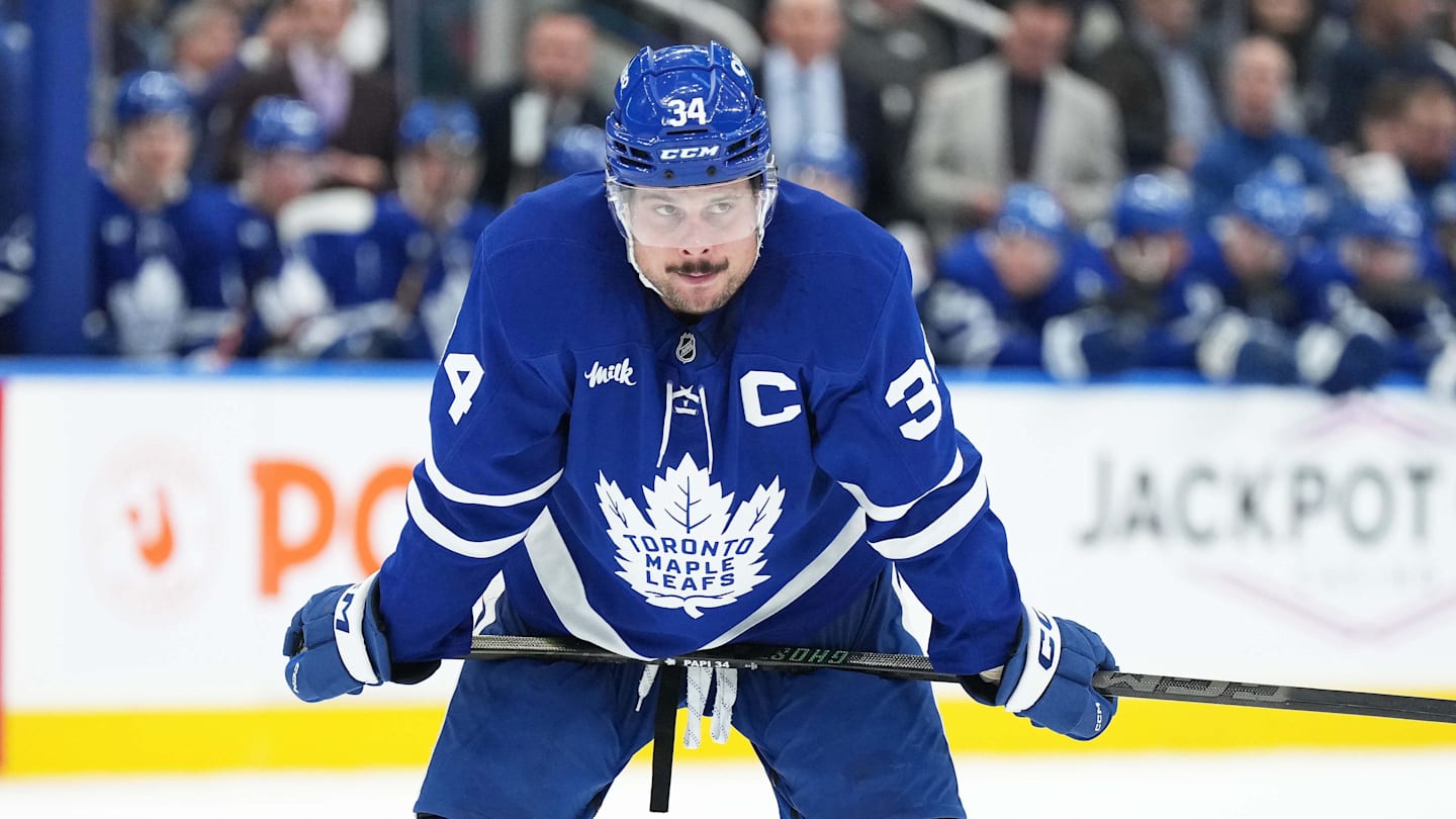 Oct 19, 2024; Toronto, Ontario, CAN; Toronto Maple Leafs center Auston Matthews (34) waits for the faceoff against the New York Rangers during the third period at Scotiabank Arena. Mandatory Credit: Nick Turchiaro-Imagn Images