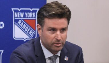 May 8, 2025; Tarrytown, NY, USA;  New York Rangers president and general manager Chris Drury speaks during a press conference to introduce new head coach Mike Sullivan at the MSG Training Center in Tarrytown, New York May 8, 2025. Mandatory Credit: Peter Carr/USA TODAY NETWORK via Imagn Images