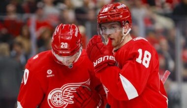Jan 27, 2026; Detroit, Michigan, USA; Detroit Red Wings center Andrew Copp (18) talks with Detroit Red Wings defenseman Albert Johansson (20) during the second period against the Los Angeles Kings at Little Caesars Arena. Mandatory Credit: Brian Bradshaw Sevald-Imagn Images