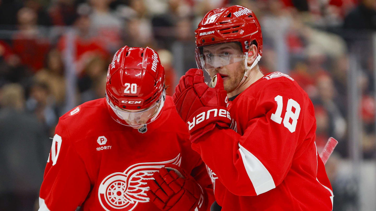 Jan 27, 2026; Detroit, Michigan, USA; Detroit Red Wings center Andrew Copp (18) talks with Detroit Red Wings defenseman Albert Johansson (20) during the second period against the Los Angeles Kings at Little Caesars Arena. Mandatory Credit: Brian Bradshaw Sevald-Imagn Images
