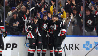 Apr 6, 2026; Buffalo, New York, USA;  Buffalo Sabres right wing Alex Tuch (89) celebrates his goal with teammates during the first period against the Tampa Bay Lightning at KeyBank Center. Mandatory Credit: Timothy T. Ludwig-Imagn Images