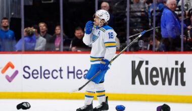 Apr 5, 2026; Denver, Colorado, USA; St. Louis Blues center Robert Thomas (18) after his hat trick goal against the Colorado Avalanche in the third period at Ball Arena. Mandatory Credit: Isaiah J. Downing-Imagn Images