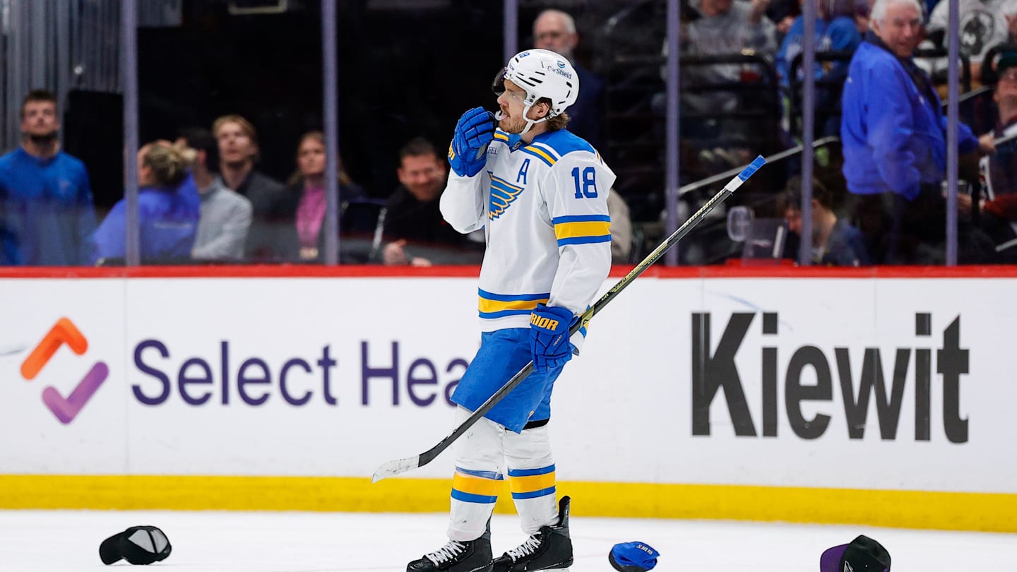 Apr 5, 2026; Denver, Colorado, USA; St. Louis Blues center Robert Thomas (18) after his hat trick goal against the Colorado Avalanche in the third period at Ball Arena. Mandatory Credit: Isaiah J. Downing-Imagn Images