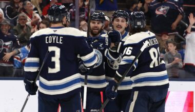 Mar 19, 2026; Columbus, Ohio, USA; Columbus Blue Jackets center Adam Fantilli (19) celebrates his goal against the New York Rangers during the second period at Nationwide Arena. Mandatory Credit: Russell LaBounty-Imagn Images
