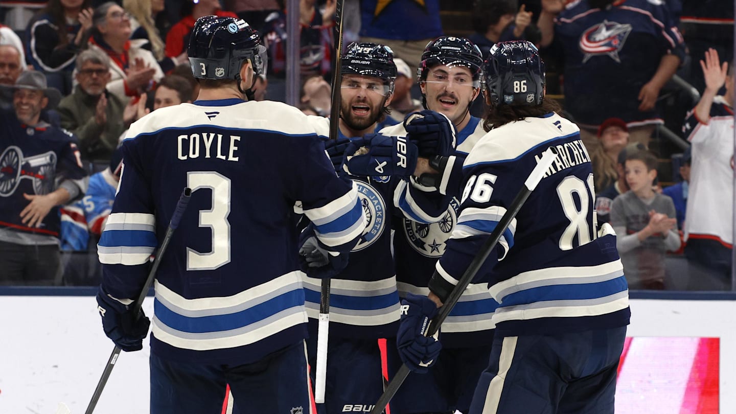 Mar 19, 2026; Columbus, Ohio, USA; Columbus Blue Jackets center Adam Fantilli (19) celebrates his goal against the New York Rangers during the second period at Nationwide Arena. Mandatory Credit: Russell LaBounty-Imagn Images