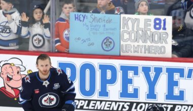 Dec 29, 2025; Winnipeg, Manitoba, CAN; Winnipeg Jets left wing Kyle Connor (81) skates past fans before a game against the Edmonton Oilers at Canada Life Centre. Mandatory Credit: James Carey Lauder-Imagn Images