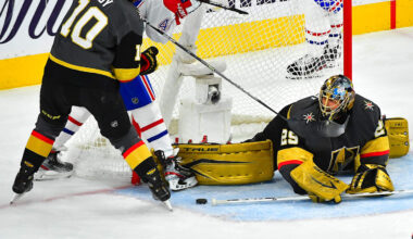 Jun 22, 2021; Las Vegas, Nevada, USA; Vegas Golden Knights center Nicolas Roy (10) checks Montreal Canadiens right wing Joel Armia (40) as goaltender Marc-Andre Fleury (29) keeps the puck out of his net during the second period of game five of the 2021 Stanley Cup Semifinals at T-Mobile Arena. Mandatory Credit: Stephen R. Sylvanie-Imagn Images