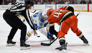Mar 8, 2026; Anaheim, California, USA;  St. Louis Blues center Robert Thomas (18) and Anaheim Ducks center Tim Washe (42) faceoff during the third period at Honda Center. Mandatory Credit: Kiyoshi Mio-Imagn Images