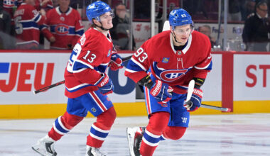 Apr 7, 2026; Montreal, Quebec, CAN; Montreal Canadiens forward Ivan Demidov (93) celebrates with teammate forward Cole Caufield (13) after scoring a goal against the Florida Panthers during the second period at the Bell Centre. Mandatory Credit: Eric Bolte-Imagn Images