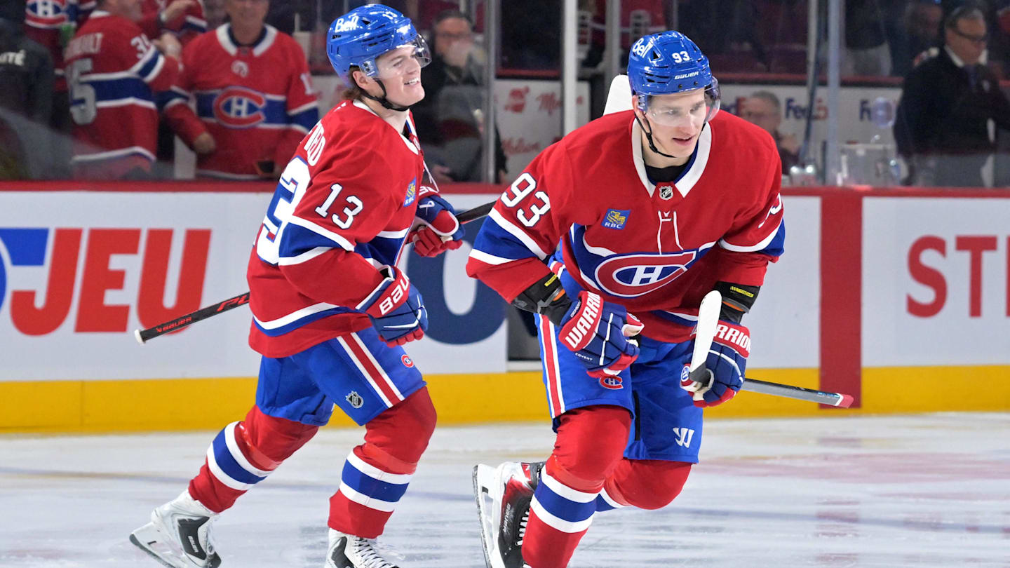 Apr 7, 2026; Montreal, Quebec, CAN; Montreal Canadiens forward Ivan Demidov (93) celebrates with teammate forward Cole Caufield (13) after scoring a goal against the Florida Panthers during the second period at the Bell Centre. Mandatory Credit: Eric Bolte-Imagn Images