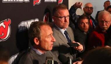 Jan 12, 2020; Newark, New Jersey, USA; New Jersey Devils owner Joshua Harris speaks to the media alongside interim general manager Tom Fitzgerald after the Devils and former general manager Ray Shero reached an agreement to part ways prior to the start of the NHL game between the New Jersey Devils and the Tampa Bay Lightning at Prudential Center. Mandatory Credit: Ed Mulholland-Imagn Images