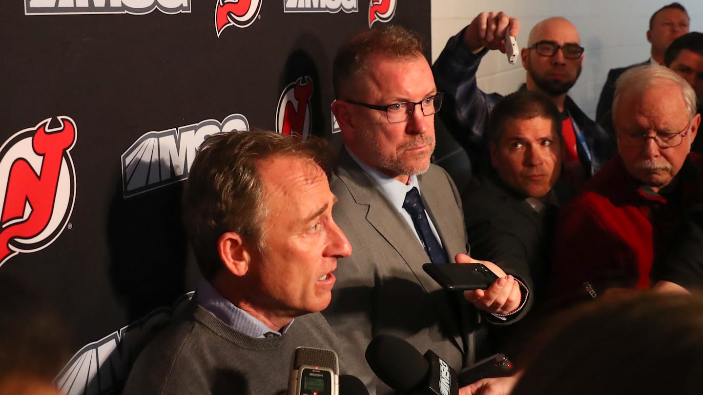 Jan 12, 2020; Newark, New Jersey, USA; New Jersey Devils owner Joshua Harris speaks to the media alongside interim general manager Tom Fitzgerald after the Devils and former general manager Ray Shero reached an agreement to part ways prior to the start of the NHL game between the New Jersey Devils and the Tampa Bay Lightning at Prudential Center. Mandatory Credit: Ed Mulholland-Imagn Images