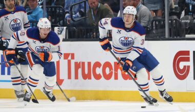 Apr 7, 2026; Salt Lake City, Utah, USA; Edmonton Oilers center Colton Dach (34) skates with the puck against the Utah Mammoth during the second period at Delta Center. Mandatory Credit: Rob Gray-Imagn Images