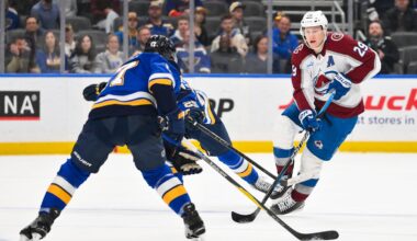 Apr 7, 2026; St. Louis, Missouri, USA; Colorado Avalanche center Nathan MacKinnon (29) controls the puck against the St. Louis Blues during the third period at Enterprise Center. Mandatory Credit: Jeff Curry-Imagn Images