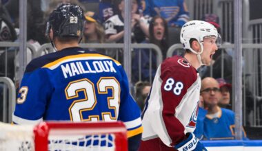 Apr 7, 2026; St. Louis, Missouri, USA; Colorado Avalanche center Martin Necas (88) reacts after scoring against the St. Louis Blues during the first period at Enterprise Center. Mandatory Credit: Jeff Curry-Imagn Images