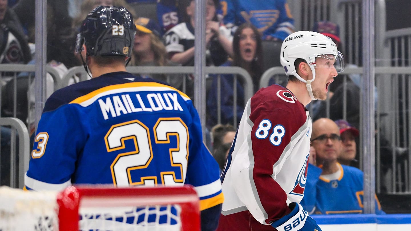 Apr 7, 2026; St. Louis, Missouri, USA; Colorado Avalanche center Martin Necas (88) reacts after scoring against the St. Louis Blues during the first period at Enterprise Center. Mandatory Credit: Jeff Curry-Imagn Images