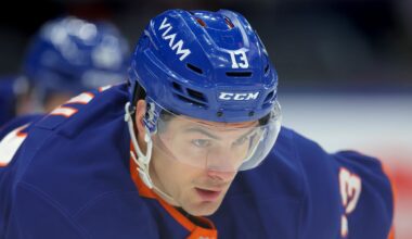 Mar 28, 2026; Elmont, New York, USA; New York Islanders center Mathew Barzal (13) skates against the Florida Panthers during the first period at UBS Arena. Mandatory Credit: Brad Penner-Imagn Images