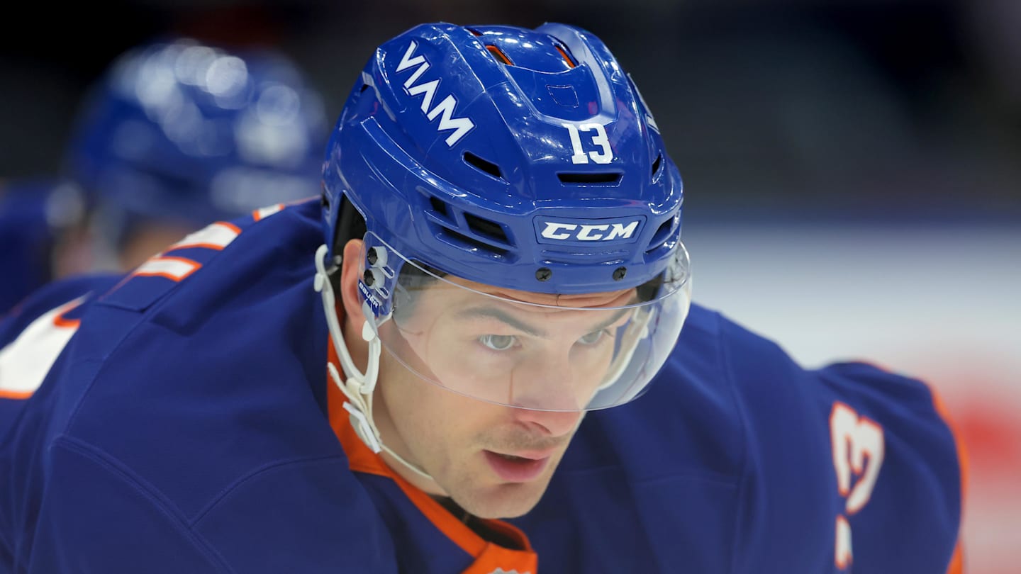 Mar 28, 2026; Elmont, New York, USA; New York Islanders center Mathew Barzal (13) skates against the Florida Panthers during the first period at UBS Arena. Mandatory Credit: Brad Penner-Imagn Images