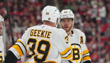 Apr 7, 2026; Raleigh, North Carolina, USA;  Boston Bruins center Morgan Geekie (39) celebrates his goal with right wing David Pastrnak (88) against the Carolina Hurricanes during the second period at Lenovo Center. Mandatory Credit: James Guillory-Imagn Images