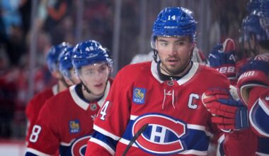 Apr 7, 2026; Montreal, Quebec, CAN; Montreal Canadiens forward Nick Suzuki (14) celebrates with teammates after scoring a goal against the Florida Panthers during the third period at the Bell Centre. Mandatory Credit: Eric Bolte-Imagn Images