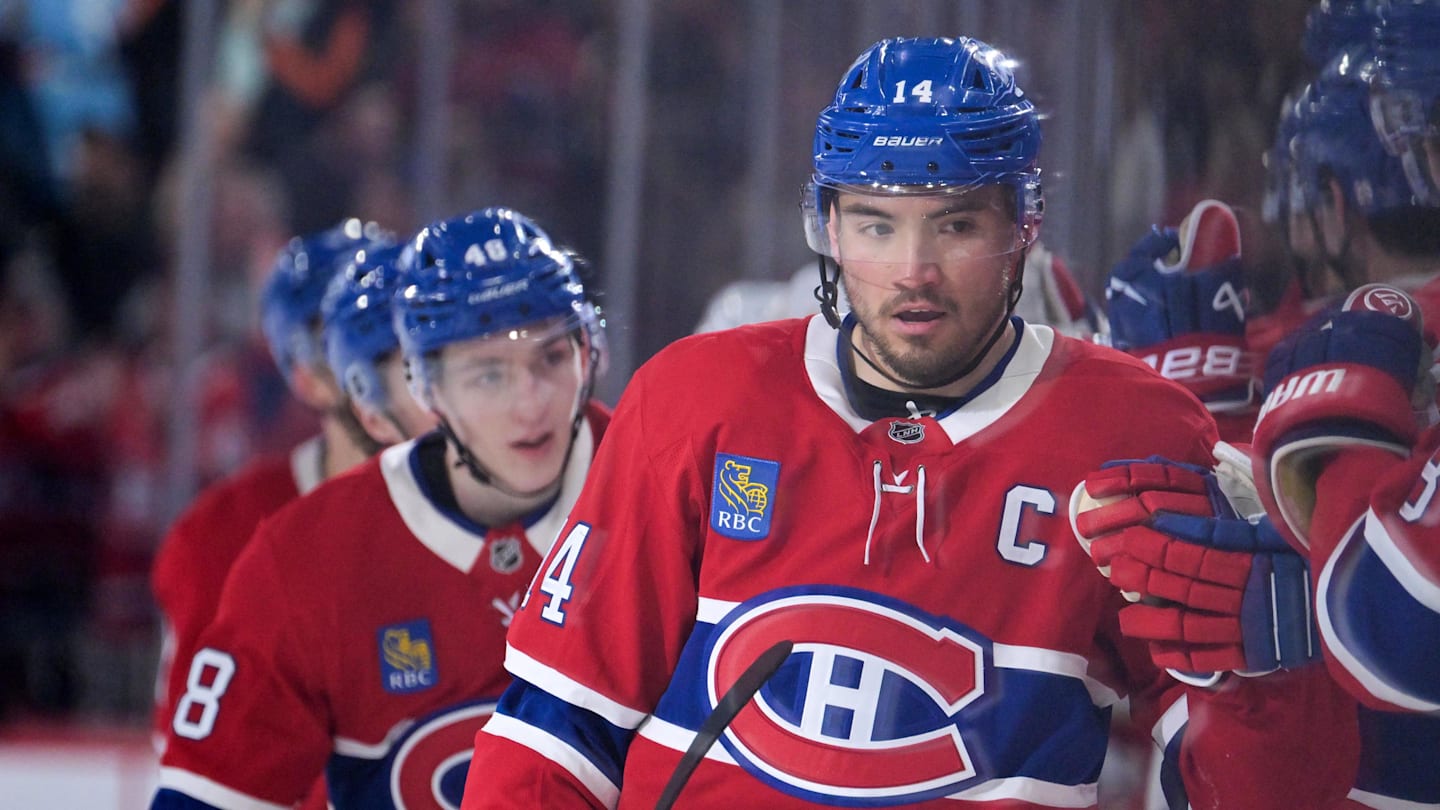Apr 7, 2026; Montreal, Quebec, CAN; Montreal Canadiens forward Nick Suzuki (14) celebrates with teammates after scoring a goal against the Florida Panthers during the third period at the Bell Centre. Mandatory Credit: Eric Bolte-Imagn Images