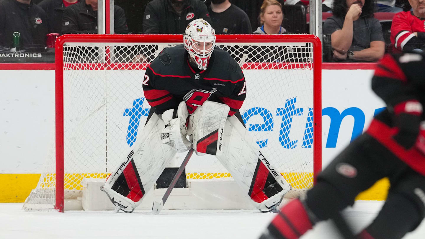 Mar 28, 2026; Raleigh, North Carolina, USA;  Carolina Hurricanes goaltender Brandon Bussi (32) looks on against the New Jersey Devils at Lenovo Center. Mandatory Credit: James Guillory-Imagn Images
