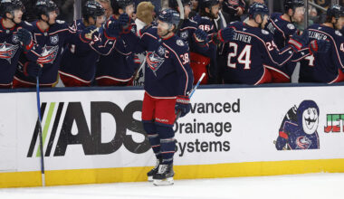 Mar 29, 2026; Columbus, Ohio, USA; Columbus Blue Jackets center Boone Jenner (38) celebrates his goal against the Boston Bruins during the first period at Nationwide Arena. Mandatory Credit: Russell LaBounty-Imagn Images