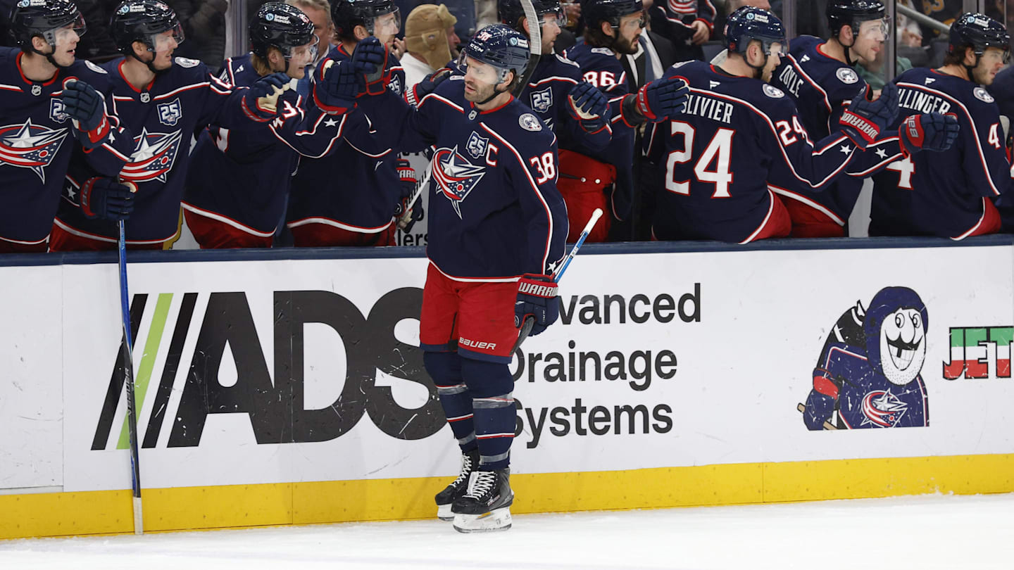 Mar 29, 2026; Columbus, Ohio, USA; Columbus Blue Jackets center Boone Jenner (38) celebrates his goal against the Boston Bruins during the first period at Nationwide Arena. Mandatory Credit: Russell LaBounty-Imagn Images