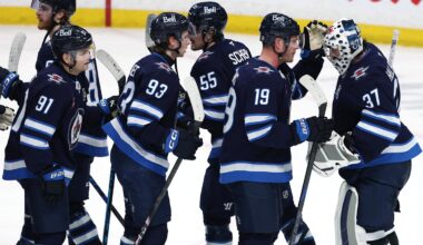 Winnipeg, Manitoba, CAN; Winnipeg Jets celebrate on home ice at the Canada Life Centre.