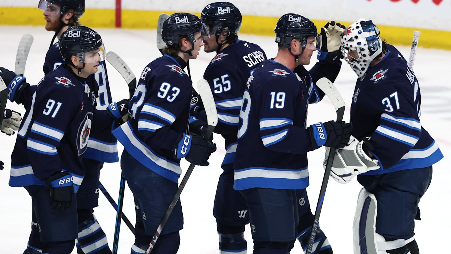Winnipeg, Manitoba, CAN; Winnipeg Jets celebrate on home ice at the Canada Life Centre.