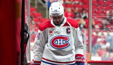 Mar 29, 2026; Raleigh, North Carolina, USA;  Montreal Canadiens center Nick Suzuki (14) comes off the ice after the warm-ups before the game against the Carolina Hurricanes at Lenovo Center. Mandatory Credit: James Guillory-Imagn Images