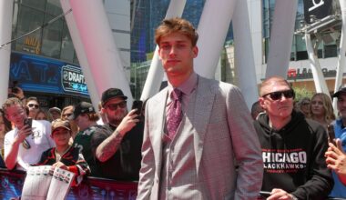 Jun 27, 2025; Los Angeles, California, USA; Radim Mrtka arrives to the first round of the 2025 NHL Draft at Peacock Theater. Mandatory Credit: Kirby Lee-Imagn Images