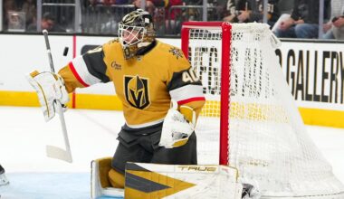 Mar 19, 2026; Las Vegas, Nevada, USA; Vegas Golden Knights goaltender Akira Schmid (40) makes a save against the Utah Mammoth during the first period at T-Mobile Arena. Mandatory Credit: Stephen R. Sylvanie-Imagn Images