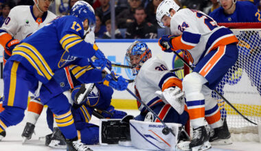 Mar 31, 2026; Buffalo, New York, USA;  New York Islanders goaltender Ilya Sorokin (30) makes a pad save on Buffalo Sabres left wing Jason Zucker (17) during the second period at KeyBank Center. Mandatory Credit: Timothy T. Ludwig-Imagn Images