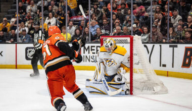 Apr 4, 2026; Anaheim, California, USA; Anaheim Ducks defenseman Olen Zellweger (51) takes a shot on goal during the second period against the Nashville Predators at Honda Center. Nashville Predators goaltender Justus Annunen (29) blocks the shot Mandatory Credit: Corinne Votaw-Imagn Images