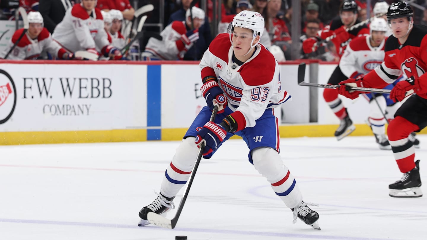 Apr 4, 2026; Newark, New Jersey, USA; Montréal Canadiens right wing Ivan Demidov (93) skates with the puck against the New Jersey Devils during the first period at Prudential Center. Mandatory Credit: Thomas Salus-Imagn Images