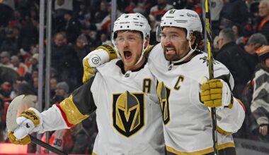 Dec 11, 2025; Philadelphia, Pennsylvania, USA; Vegas Golden Knights right wing Mark Stone (61) celebrates his game-winning goal with center Jack Eichel (9) against the Philadelphia Flyers during the overtime period at Xfinity Mobile Arena. Mandatory Credit: Eric Hartline-Imagn Images
