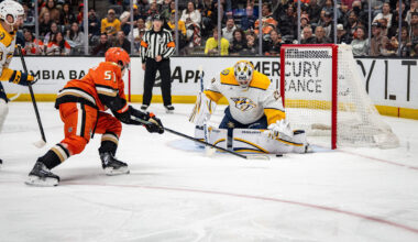 Apr 4, 2026; Anaheim, California, USA; Nashville Predators goaltender Justus Annunen (29) blocks a shot by Anaheim Ducks defenseman Olen Zellweger (51) during the second period at Honda Center. Mandatory Credit: Corinne Votaw-Imagn Images