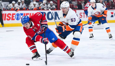 Mar 21, 2026; Montreal, Quebec, CAN; Montreal Canadiens right wing Brendan Gallagher (11) plays the puck against New York Islanders center Casey Cizikas (53) during the first period at Bell Centre. Mandatory Credit: David Kirouac-Imagn Images