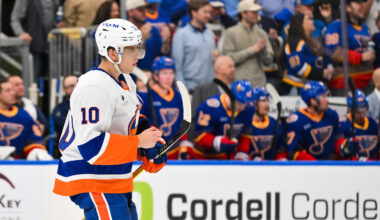 Mar 10, 2026; St. Louis, Missouri, USA; New York Islanders center Brayden Schenn (10) looks on during the second period against the St. Louis Blues  at Enterprise Center. Mandatory Credit: Jeff Curry-Imagn Images