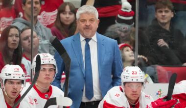 Feb 28, 2026; Raleigh, North Carolina, USA;  Detroit Red Wings head coach Todd McLellan looks on against the Carolina Hurricanes during the third period at Lenovo Center. Mandatory Credit: James Guillory-Imagn Images